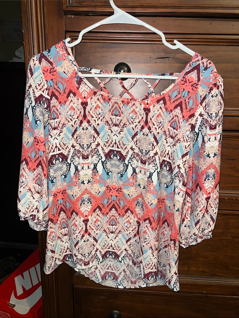 HeartSoul Coral Aztec Print Blouse with Crisscross Back